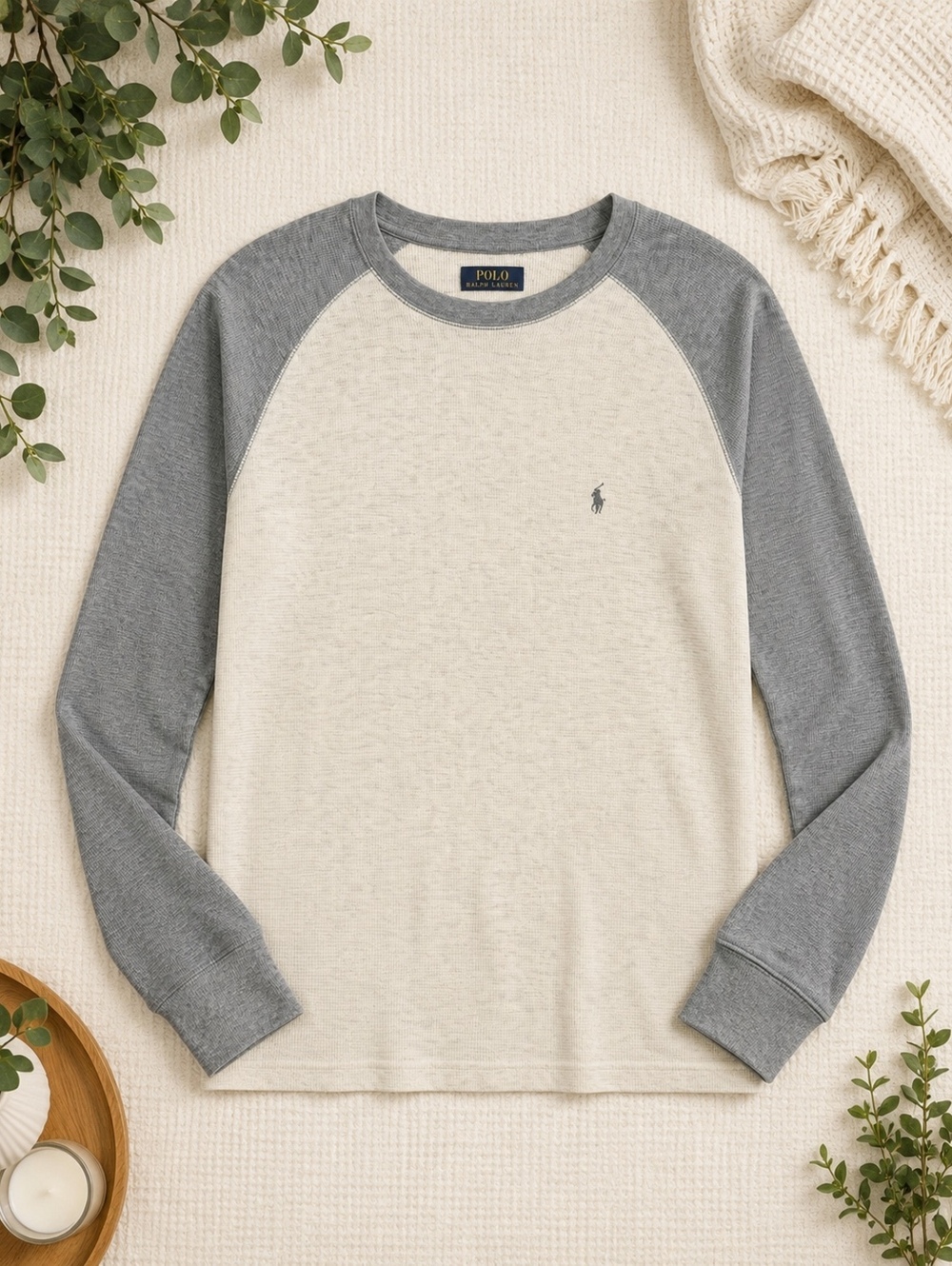 Polo Ralph Lauren Waffle Knit Raglan Sleeve Shirt Gray and Cream XL Long Sleeve